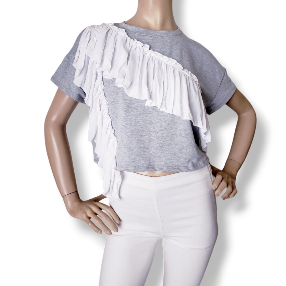 K Too Heather Gray & White Ruffled Front Top